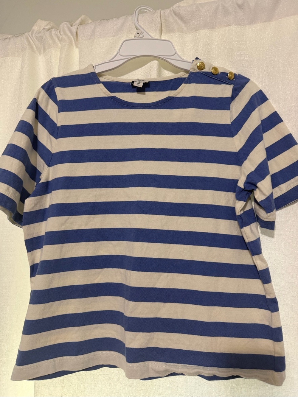 J crew Striped Blue and White Button-Shoulder Tee